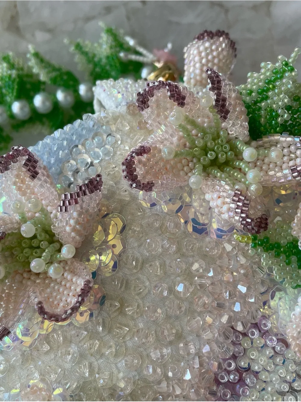 Handcrafted White & Green Floral Beaded Evening Clutch